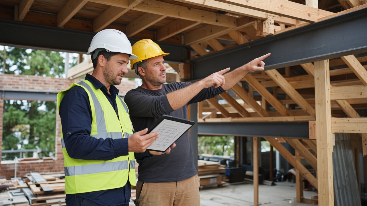 Structural engineer and builder inspecting a steel beam on a renovation site