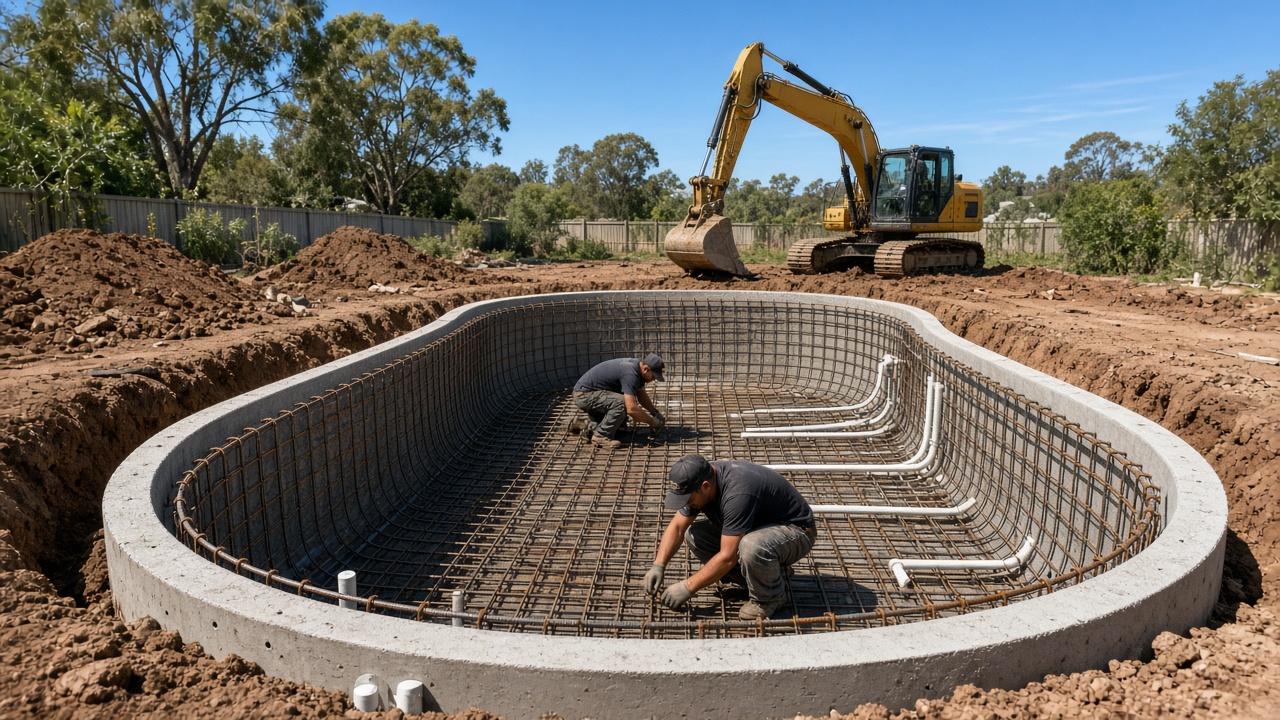 Workers tying steel reinforcement inside an excavated concrete pool with an excavator behind