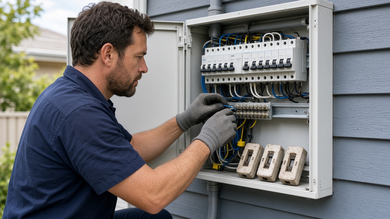 Electrician wiring a new switchboard with the old ceramic fuses set aside