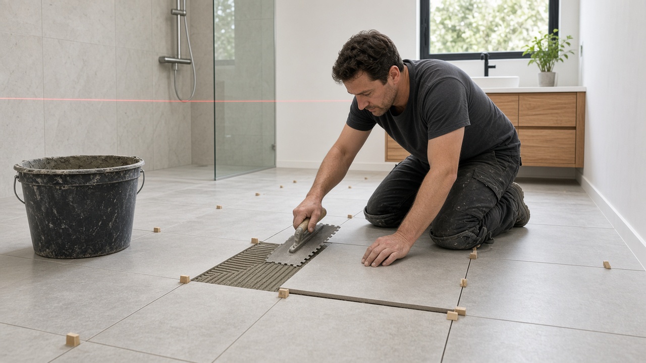 Tiling cost per m2 Australia: tiler laying large-format floor tiles with a levelling system