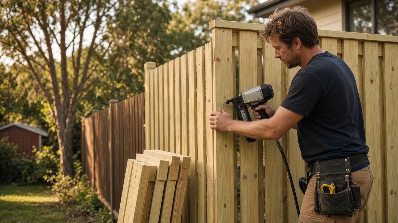 Fencer nailing treated pine palings onto a new timber fence