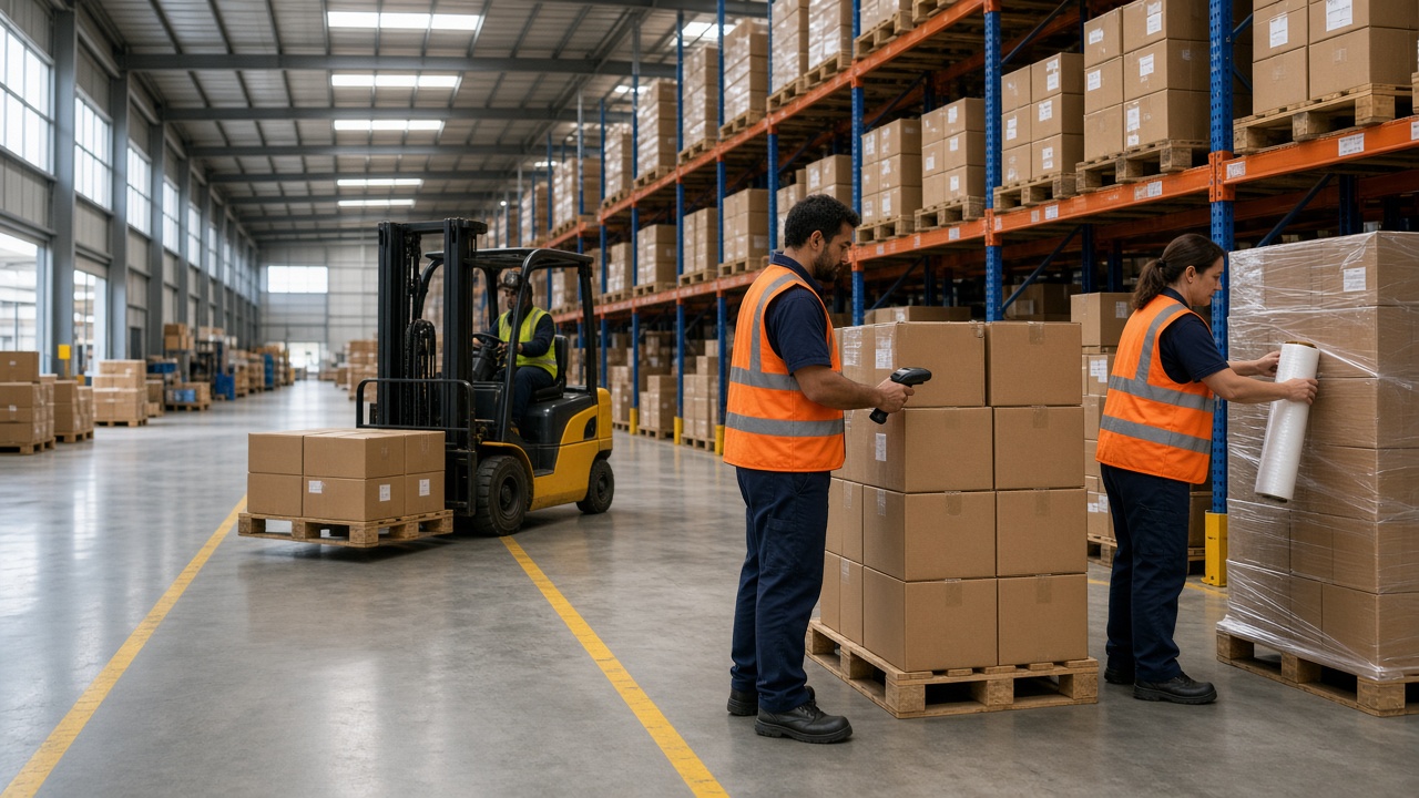 Warehouse workers scanning and wrapping pallets beside a forklift in a Western Sydney distribution centre