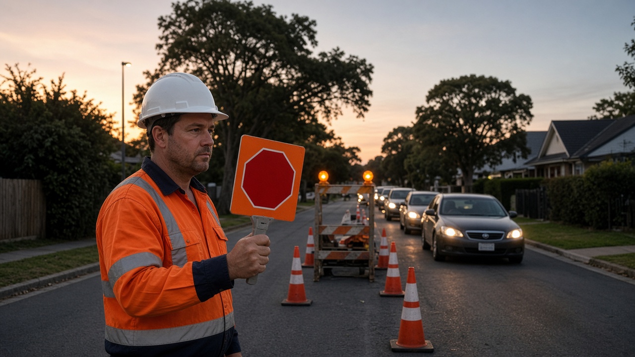 Traffic controller hourly rate: traffic controller with a stop-slow bat at a roadworks site