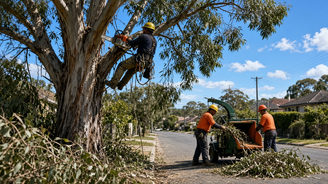 Arborist cutting a eucalyptus limb while the ground crew feeds a wood chipper