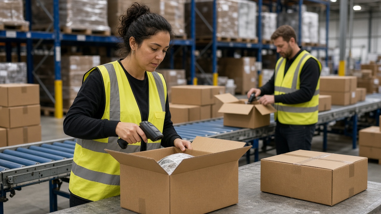 Warehouse casual pay rate Australia: casual pick-packer scanning orders in a distribution centre