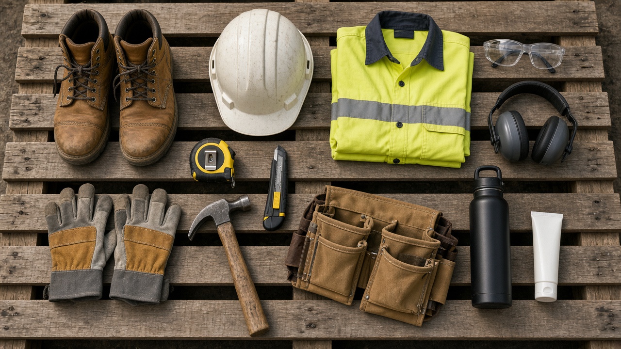 Labourer tool belt with tape measure, hammer and utility knife beside steel cap boots, showing what tools a labourer needs